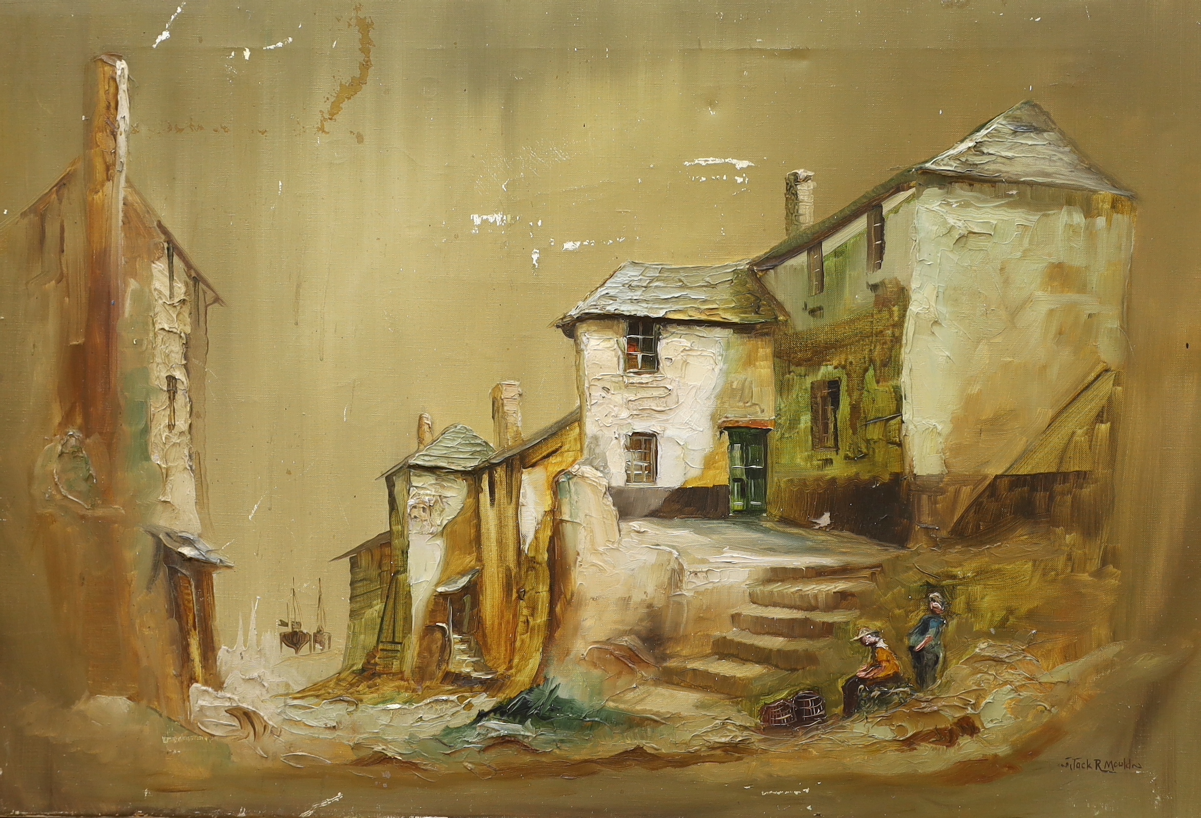 Jack R. Mould (1928-1998), impasto oil on canvas, Cottages before a harbour, signed, 90 x 60cm, unframed